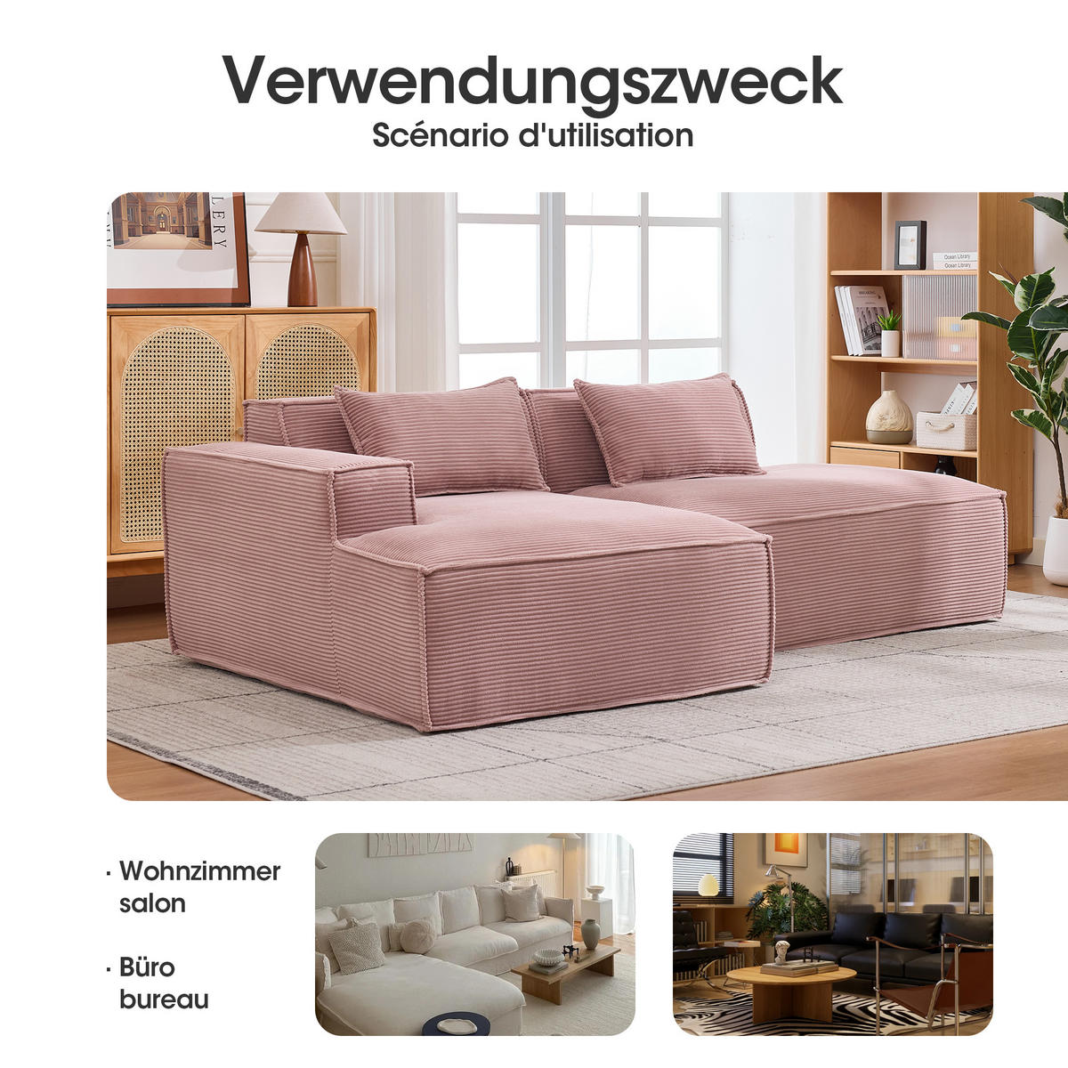 3-SITZER ECKSOFA Polyester Rosa mit 2 Kissen - Rosa, Textil (235/129cm) - WISHDOR