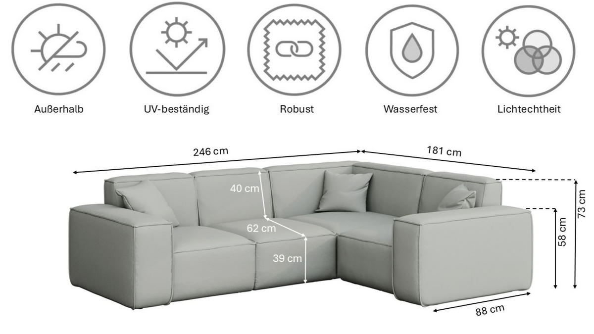 GARTENECKSOFA L-form MALIBU Stoff Odyssey Hellgrau Rechts - Hellgrau, Holz (246/73/181cm) - Kaiser Möbel