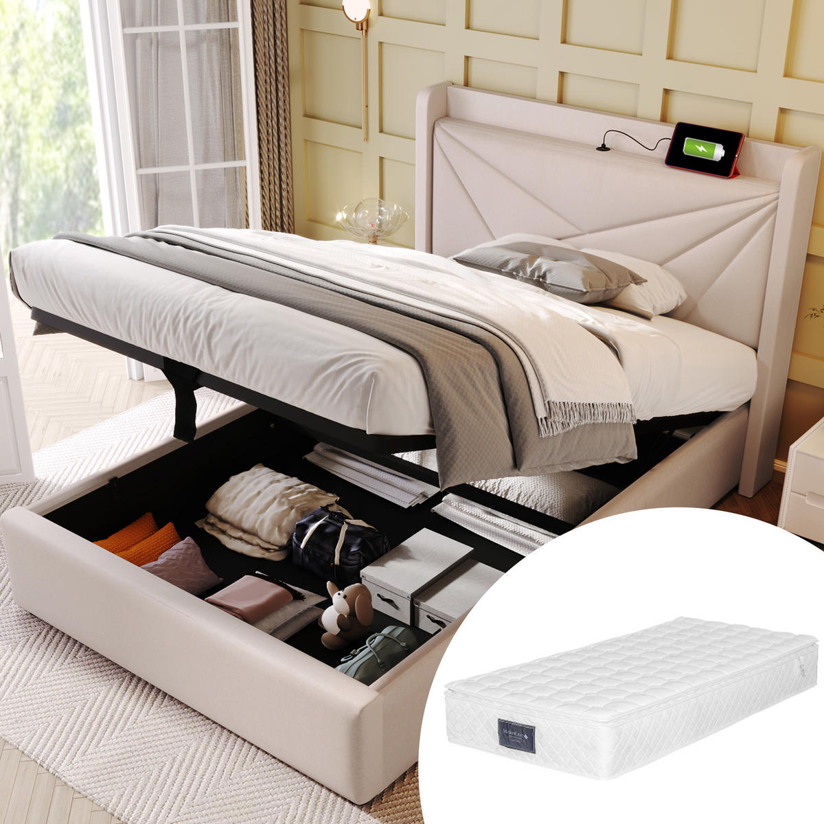 POLSTERBETT 90/200 cm Beige aus Linen mit Stauraum und USB/Typ-C mit Matratze - Beige, Textil (90/200cm) - OKWISH