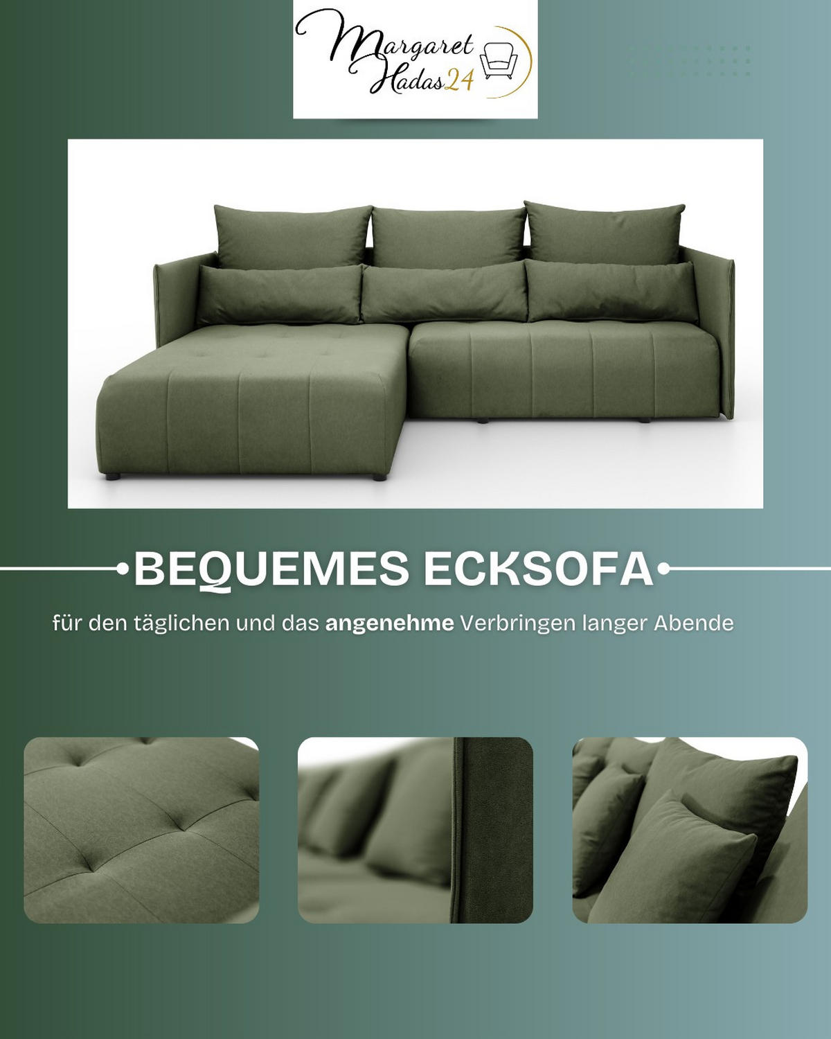 ECKSOFA L Form Hanna 246 x 188 cm mit Schlaffunktion und Bettkasten, 4 Sitzer, Bettzeugablage, Sofa, Eckcouch, grün links - Grün, Kunststoff (246/188cm) - Margaret Hadas24