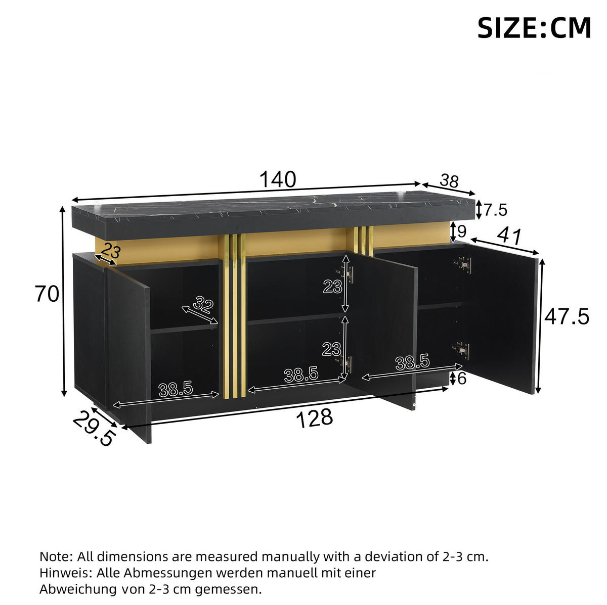 SIDEBOARD 140/38/70 cm Schwarz aus Spanplatte mit Marmorstruktur - Schwarz, Holzwerkstoff (38/70/140cm) - OKMYHOME