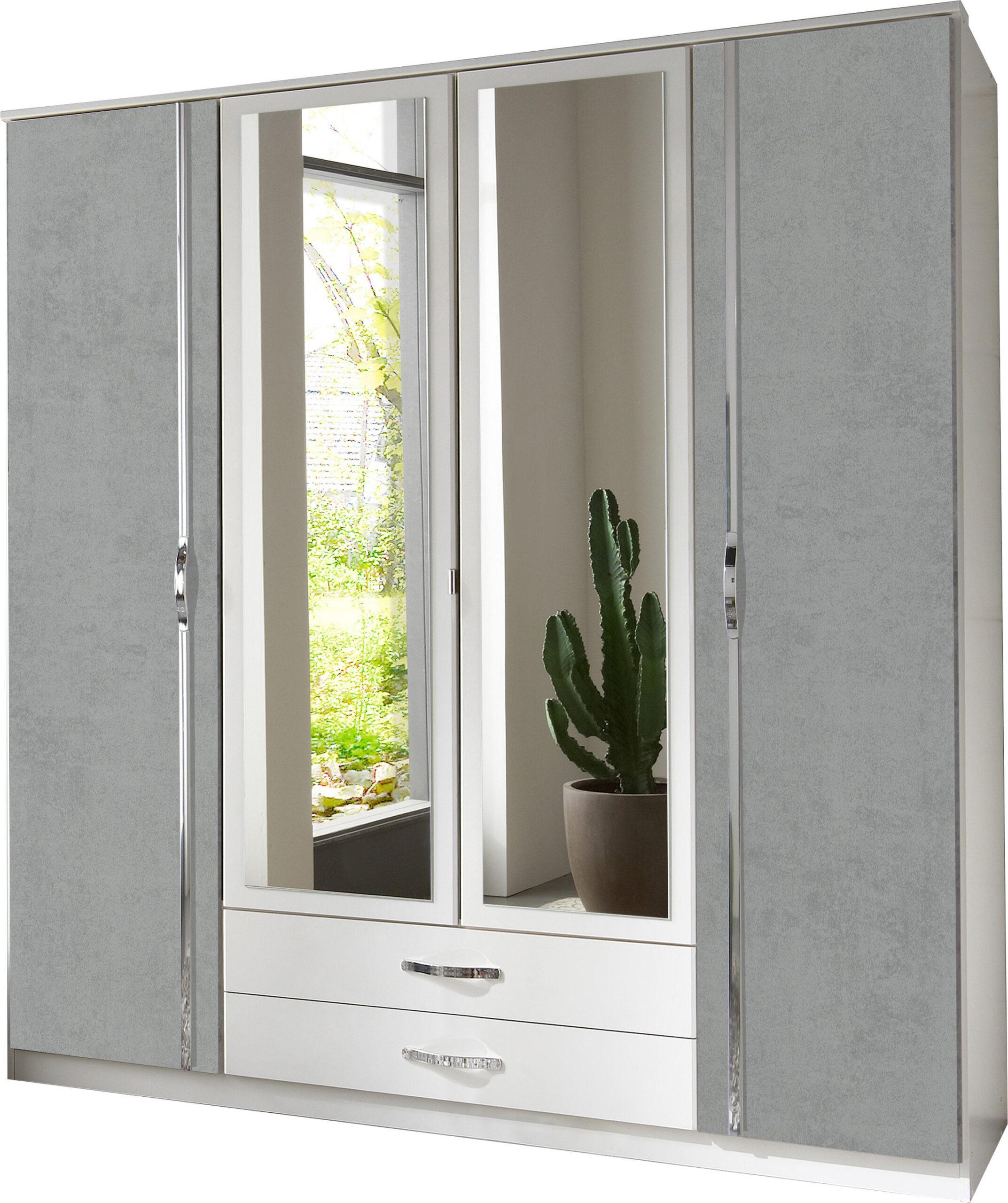 KLEIDERSCHRANK Duo in Weiß mit Beton mit Aufleistungen in Chrom 179x199x58 cm (BxHxT) – Drehtürenschrank 179 cm Breite - Weiß/Grau, Holzwerkstoff (120/200/80cm)