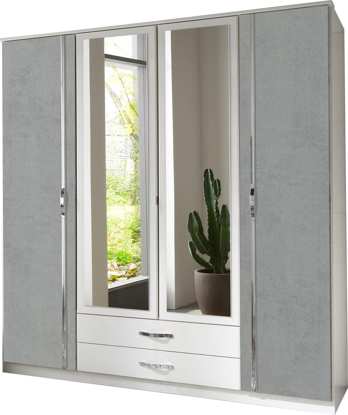 KLEIDERSCHRANK Duo in Weiß mit Beton mit Aufleistungen in Chrom 179x199x58 cm (BxHxT) – Drehtürenschrank 179 cm Breite - Weiß/Grau, Holzwerkstoff (120/200/80cm)