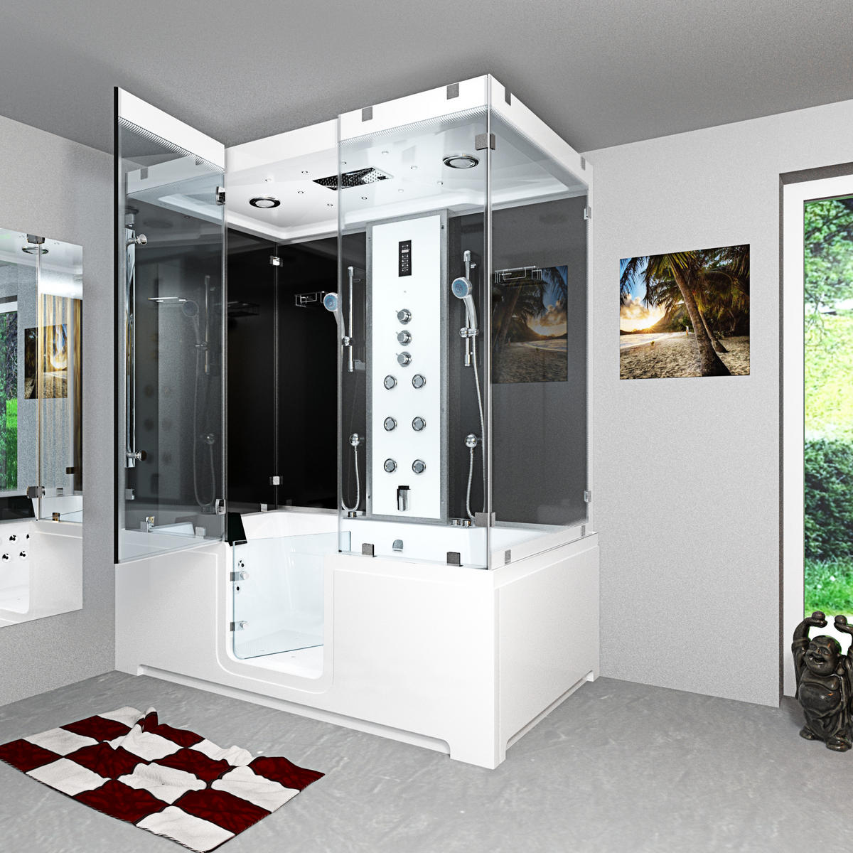 BADEWANNE mit Tür Dusche K88-SW-TH-A-SC-EA - Schwarz, Glas/Kunststoff (180/228/100cm) - AcquaVapore by Sandra Jentho