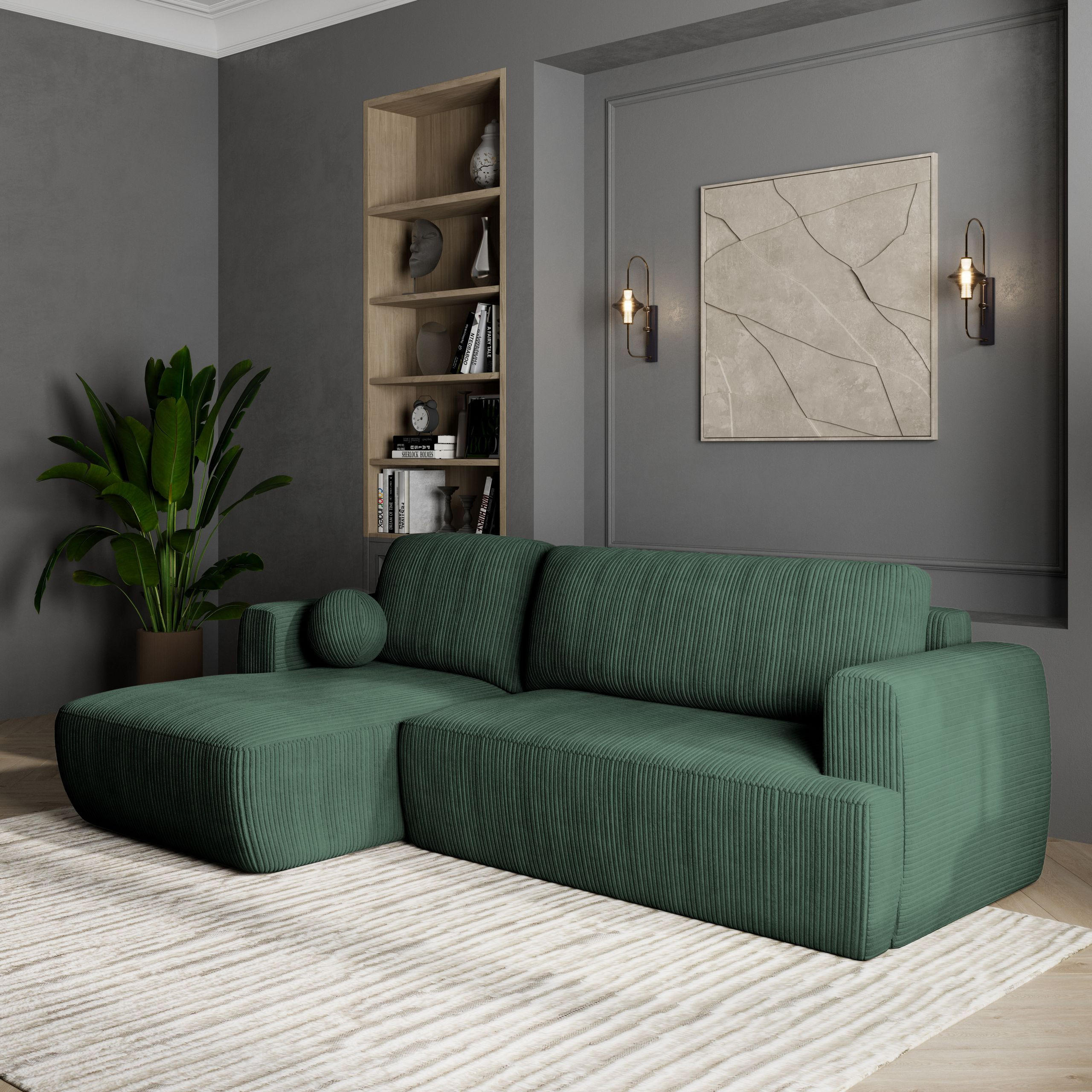 ECKSOFA SENTI P L-S Grün Kordstoff mit Schlaffunktion - Grün, Holz (246/148cm) - MASSENO