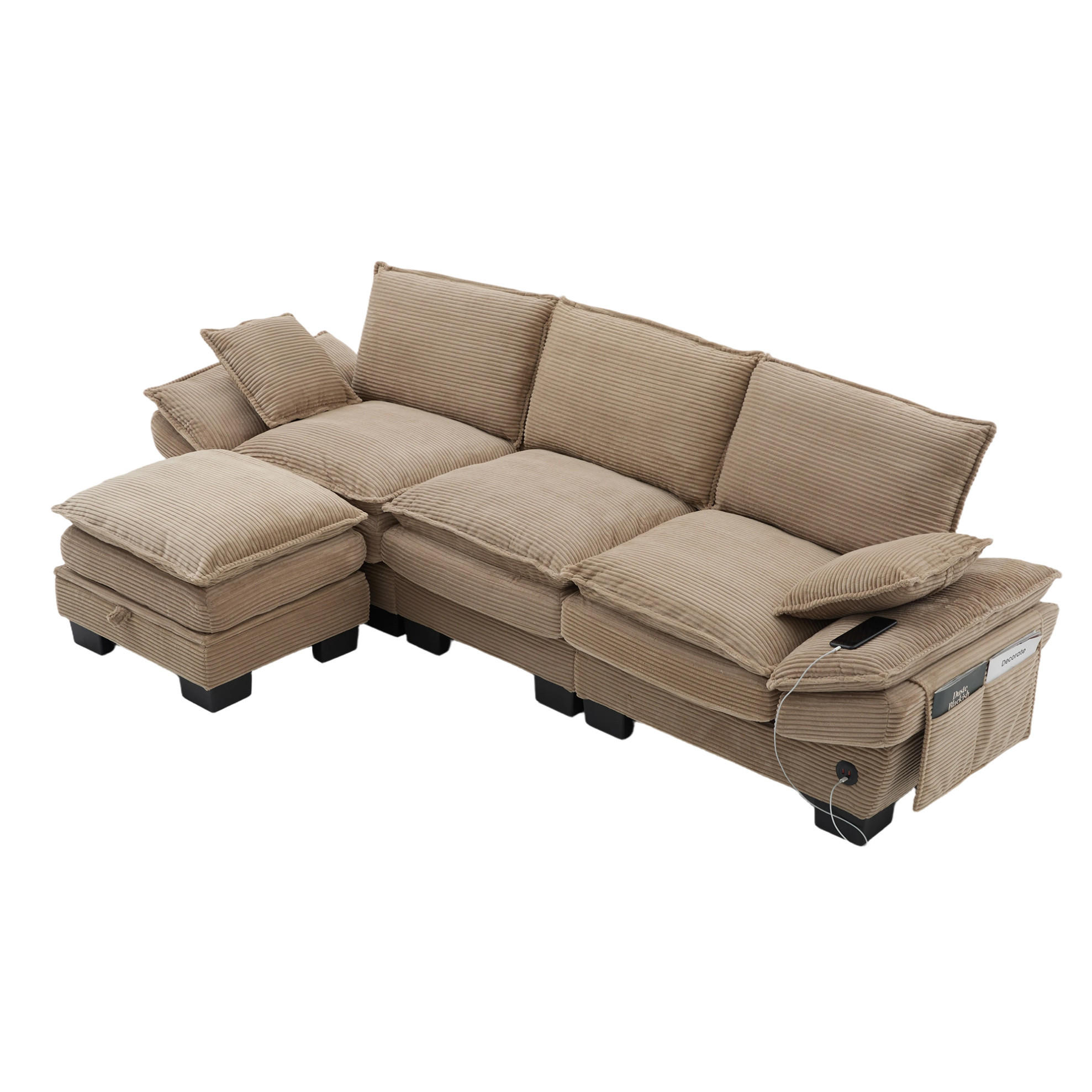 MODULÁRNÍ 3místná pohovka z manšestru 260x132x84 cm khaki s taburetem, USB-C portem a bočními kapsami - béžová, textil (132/260cm) - Modfu