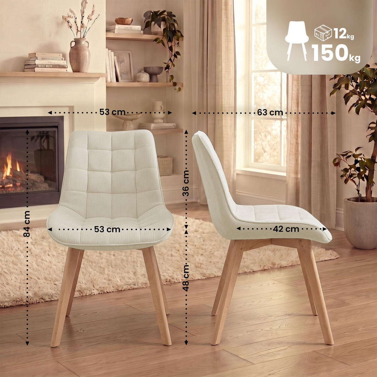 STUHL Cord Beige - Eukalyptusholzfarben/Beige, Holz/Textil (53/84/63cm) - CLP