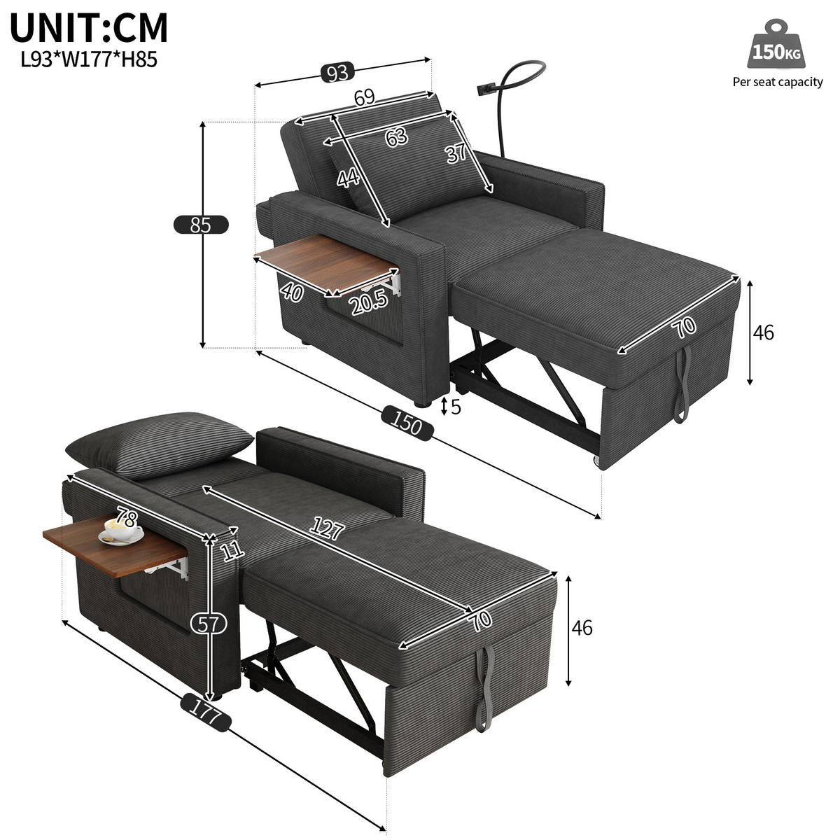 SCHLAFSESSEL mit USB-Ladeanschluss und Handyhalter Cord Grau 93/150/85 cm - Grau, Textil (93/85/150cm) - OKWISH