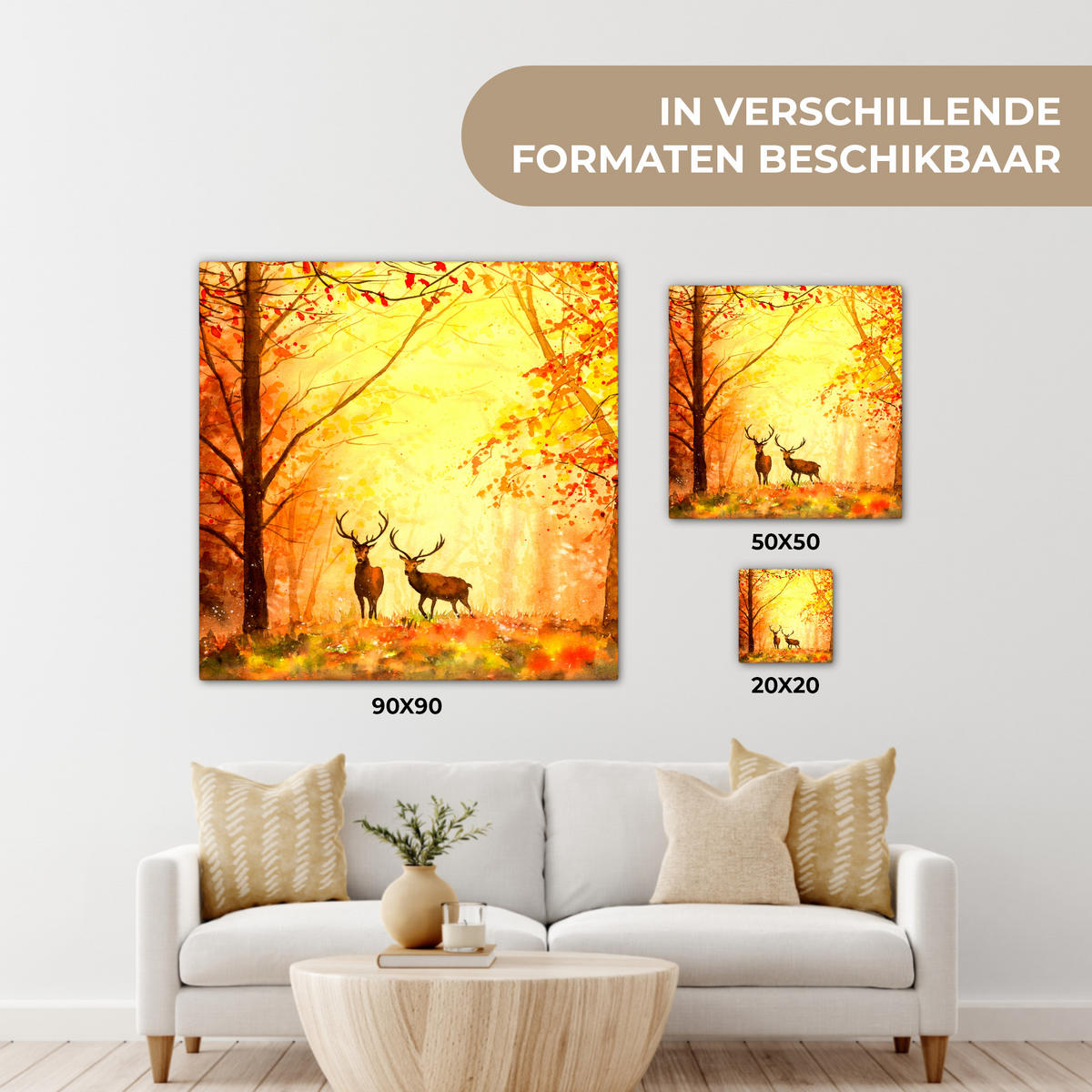 LEINWANDBILD Natur - Ölfarbe - Hirsche - Tiere - Herbst - Orange Deko Groß 90x90 cm - Orange, Textil (90/90cm) - MuchoWow