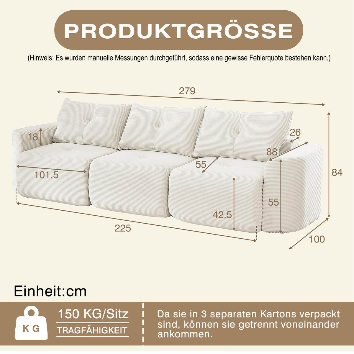 3-SITZER-SOFA 2+1 Wabi-Sabi Cord, DE-42909, Creme - Beige, Textil (279/94/100cm) - ComfortXL