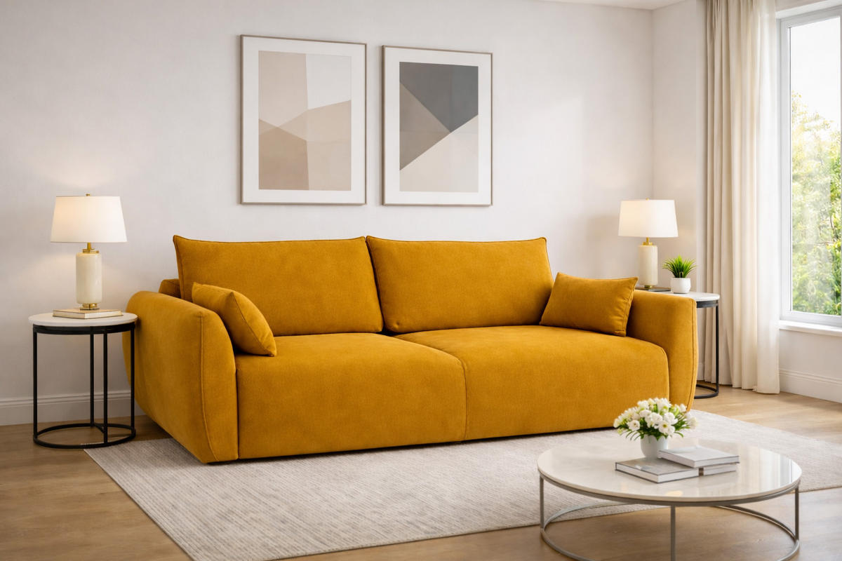 SOFA Mit Schlaffunktion Und Bettkasten, Veloursstoff Salvador, Gelb, Zephira - Gelb, Holz (238/87/102cm) - Kaiser Möbel