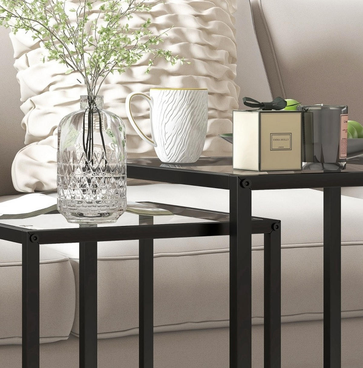 BEISTELLTISCH 2er-Set 42/42/51 cm in Schwarz, stapelbar mit Glasplatte - Schwarz, Glas (42/42/51cm) - Flora Grace