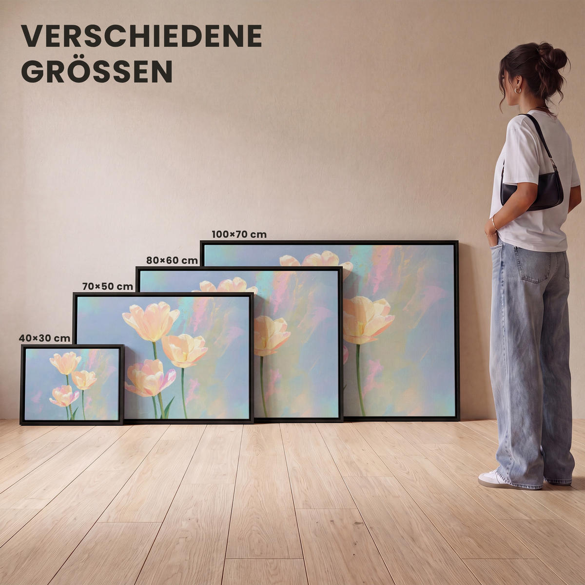 LEINWAND Bilder mit Rahmen - Tulpen - Rosa Akzente - Blau - 80x60 - Pastellblau, Textil (80/60cm) - MuchoWow