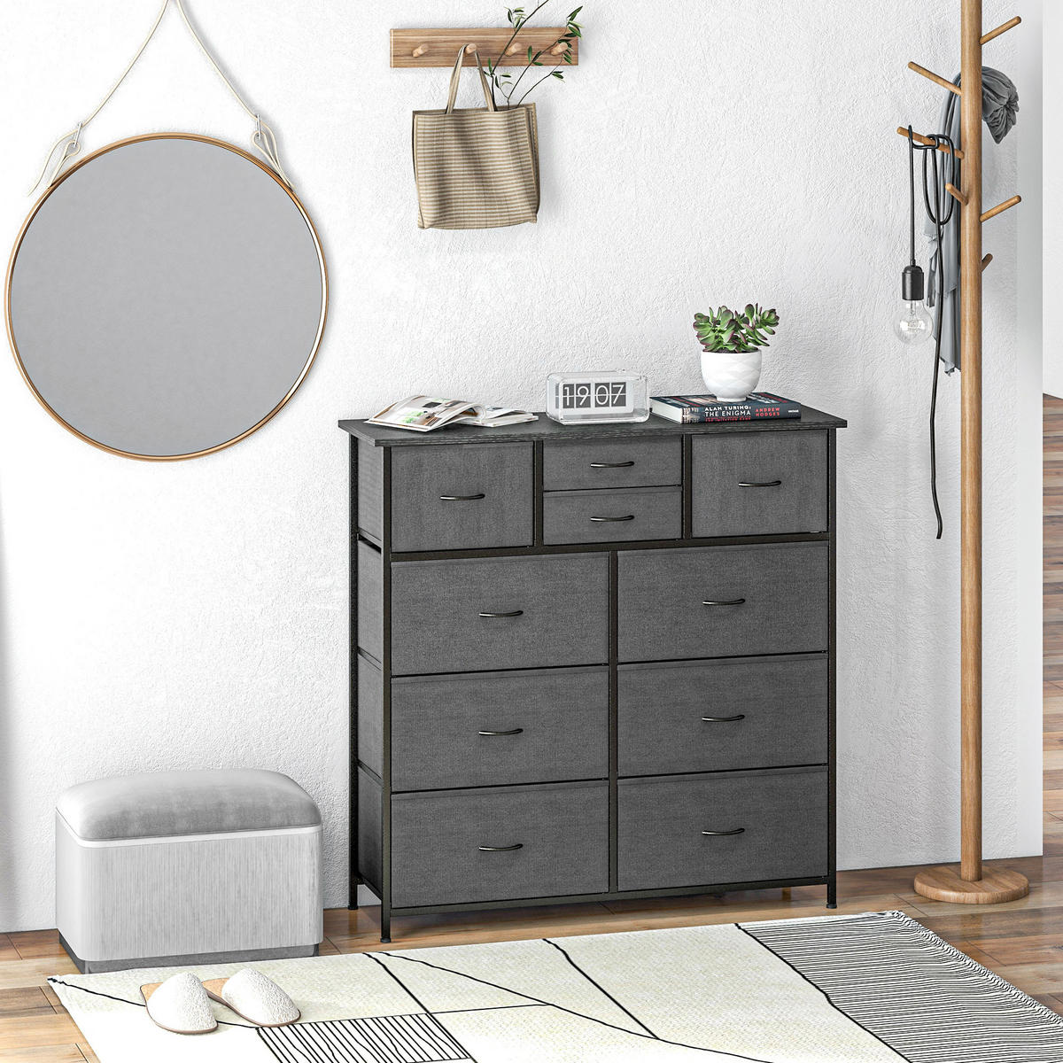 KOMMODE, Aufbewahrungsschrank mit 10 Faltbaren Stoffschubladen, Stahl, Schwarz - Schwarz, Textil (30/100/100cm) - HOMCOM
