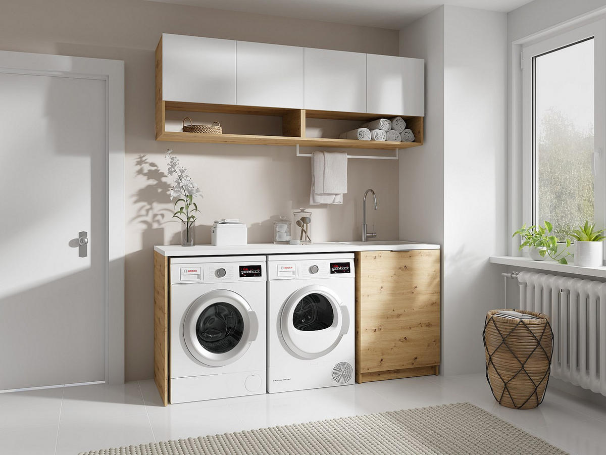 WASCHKÜCHENMÖBEL für Waschmaschine mit Arbeitsplatte - 182 cm - Weiß & Holzfarben hell - NATAJI - Naturfarben, Holz (182/88/60cm) - Vente-Unique