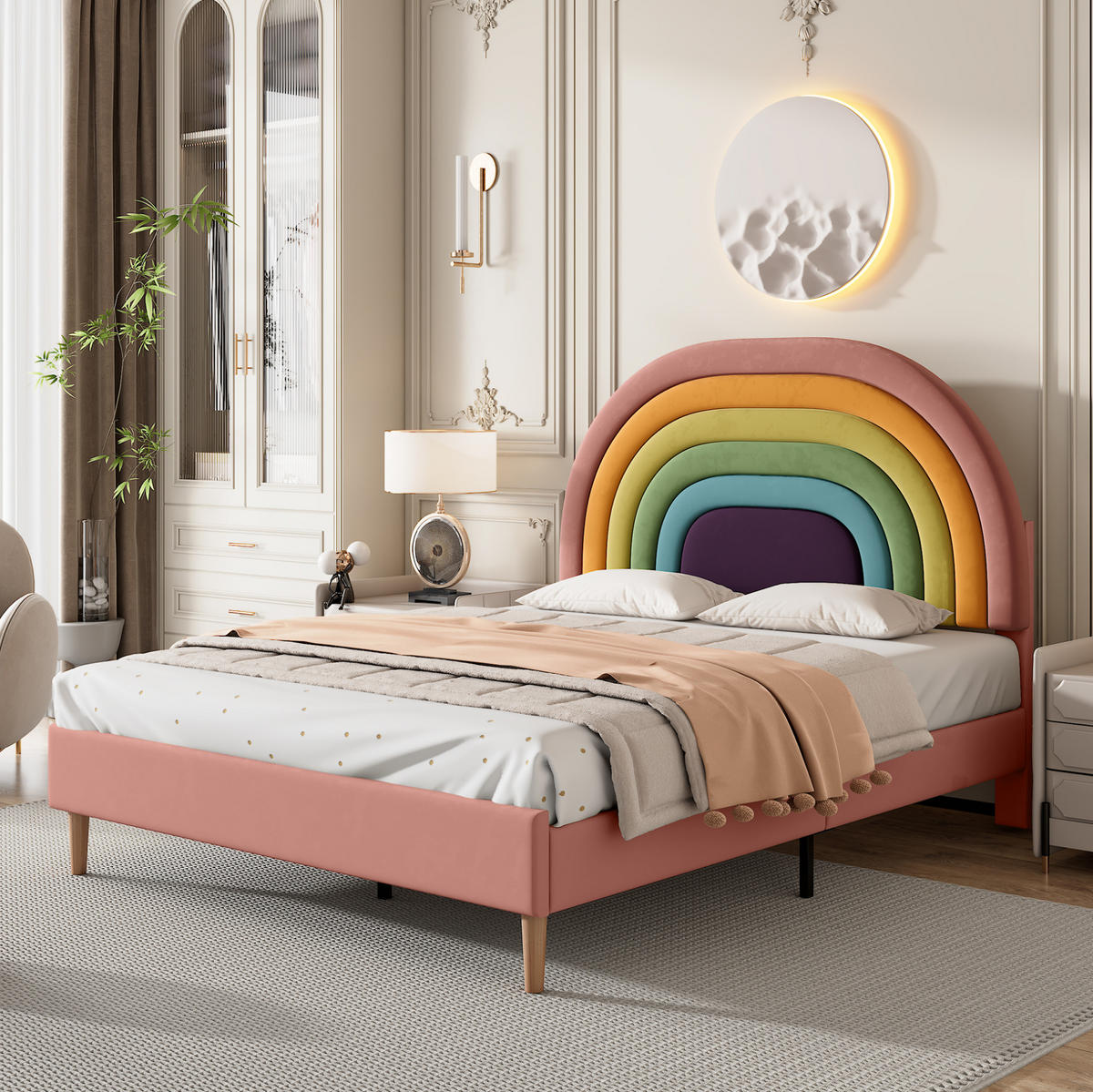 SAMT-POLSTERBETT 140/200 cm in Rosa mit Lattenrost und höhenverstellbarem Kopfteil - Rosa, Textil (140/200cm) - BEAOK