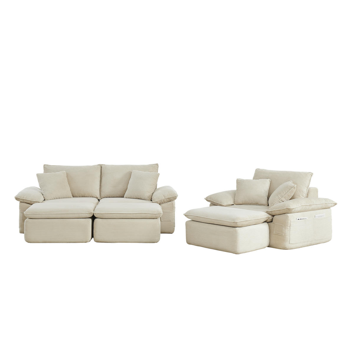 2-SITZER-BODENSOFA 156/206/65 cm beige aus Stoff mit Fußstütze und Seitentaschen - Beige, Textil (206/65/156cm) - OKWISH