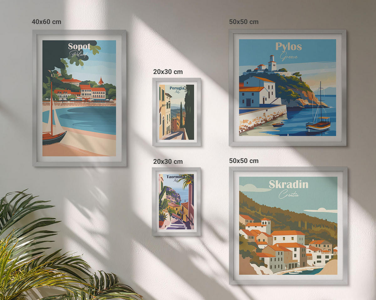 BILDER SET 5er Set - 50x50 cm & 20x30 cm & 40x60 cm Silberner Rahmen - Retro-Landschaften im malerischen Stil - Silberfarben, Kunststoff (40/60cm) - TULUP