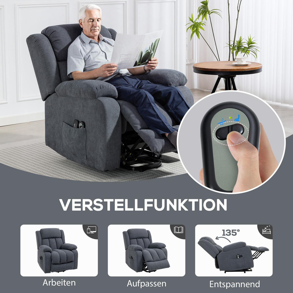 FERNSEHSESSEL,ELEKTRISCH Aufstehhilfe Liege-Massagefunktion,dunkelgrau - Grau, Textil (91/103/93cm) - Vallsero