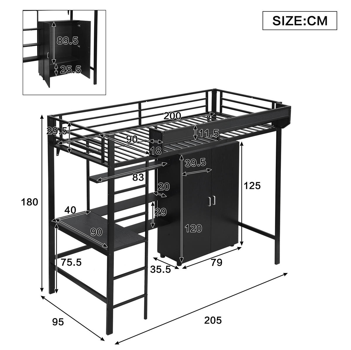 ETAGENBETT aus Metall und Spanplatte 90x200 cm Schwarz mit Tisch, Kleiderschrank und 5-stufiger Leiter - Weiß, Metall (90/200cm) - Modfu