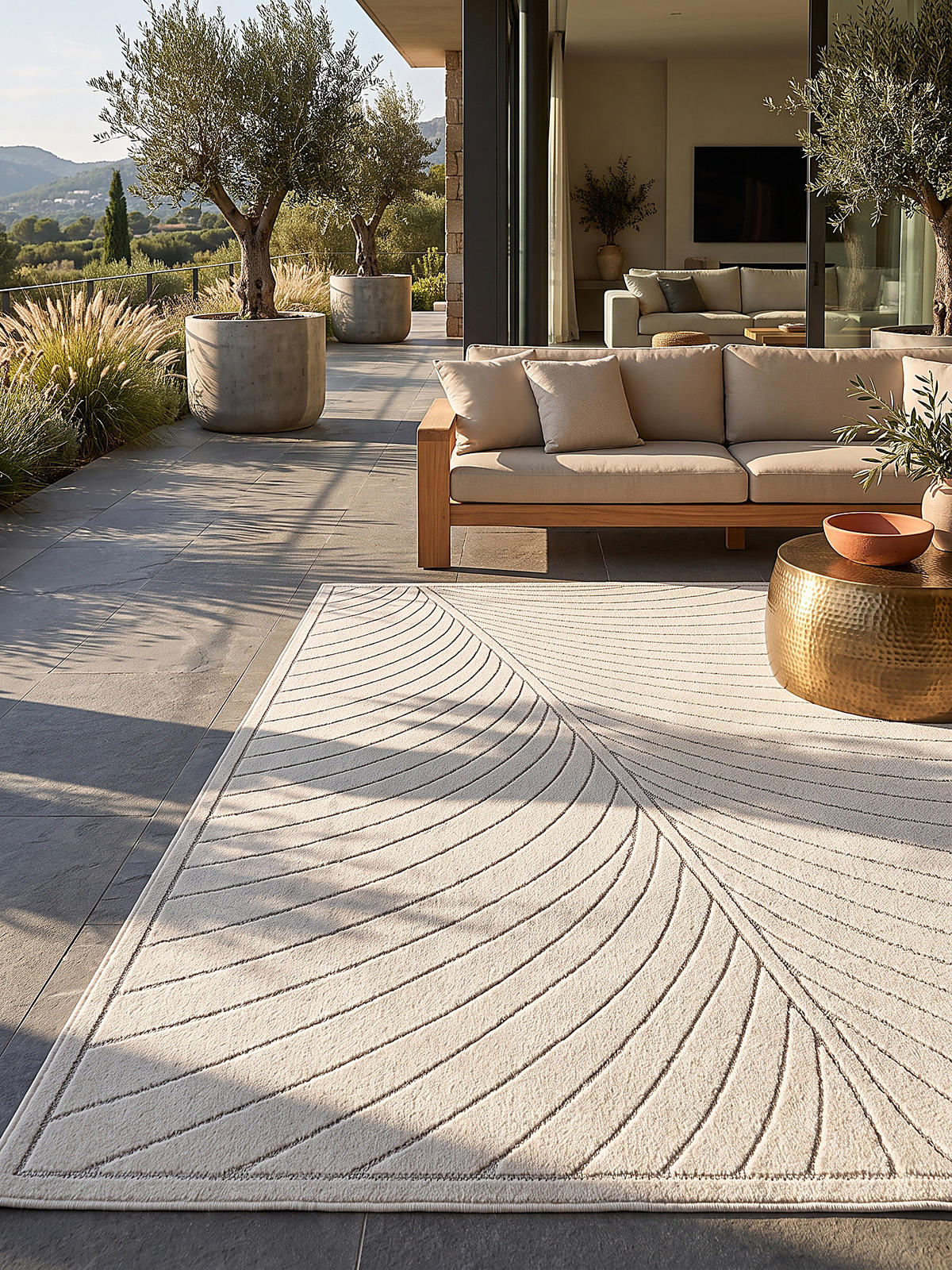 TEPPICH Outdoor, Fußbodenheizung-geeignet, mit Blattmotiv, aus Polypropylen, ENGADIN in Creme, 120 x 170 cm - Beige, Textil (120/170cm) - KADIMA DESIGN