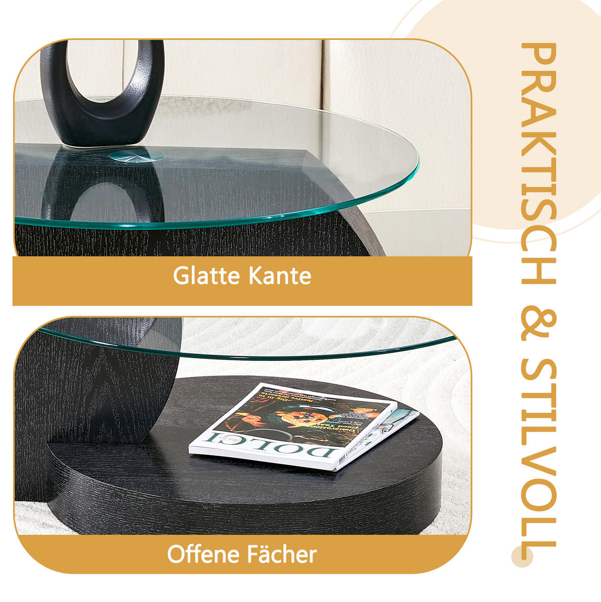 COUCHTISCH 70/70/44 cm mit Sicherheitsglas, mehrstufigen Ablagen und MDF-Gestell, Schwarz/Transparent - Transparent, Holzwerkstoff (70/70/44cm) - Redom