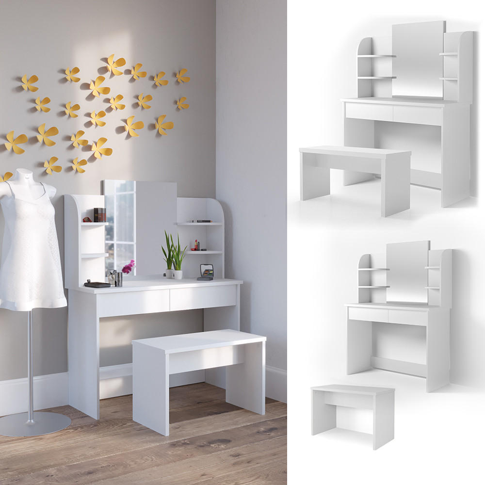 SCHMINKTISCH Charlotte Weiß 108 cm mit Bank - Weiß, Holzwerkstoff (108/139/40cm) - Vicco