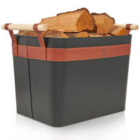KAMINHOLZKORB LuxeLeather veganes Leder mit ausreißsicheren Holzgriffen 50/40/35 cm - Schwarz, Kunststoff (40/35/50cm) - OAKAGE