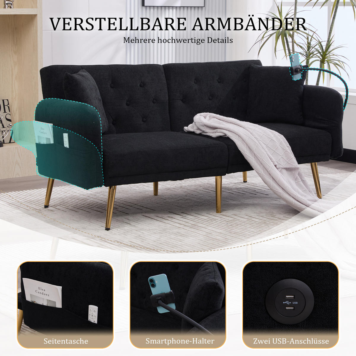 SCHLAFSOFA 2-Sitzer Chenille mit 3-fach verstellbarer Rückenlehne und USB-Anschluss Schwarz 173/78/78 cm - Schwarz, Textil (78/78/173cm)