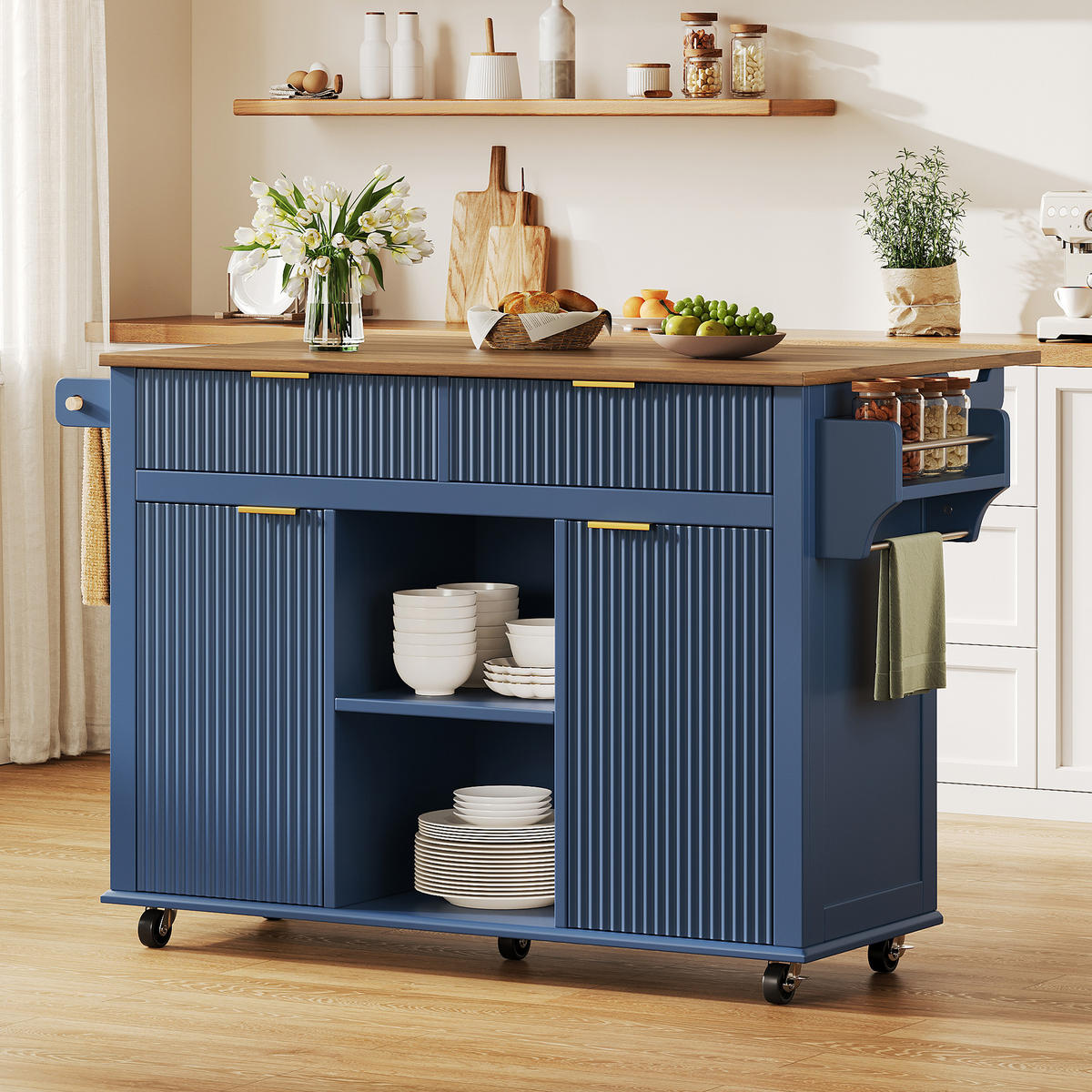 KÜCHENINSEL 89,5 cm MDF Blau Braun mit Klappbarer Arbeitsplatte und Gewürzregal - Dunkelblau, Holzwerkstoff (45/89.5/143cm) - Korfee