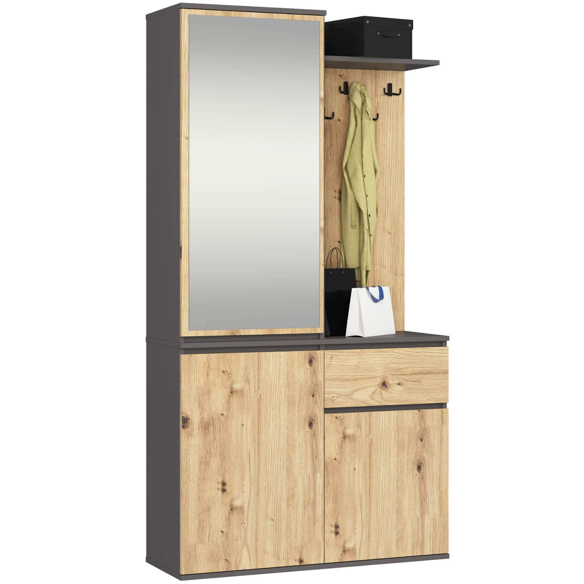 GARDEROBE Entro mit Spiegel, Grau/Eiche Artisan, 95x183x35 cm - Eiche Artisan/Grau, Holzwerkstoff (95/183/35cm) - Akord
