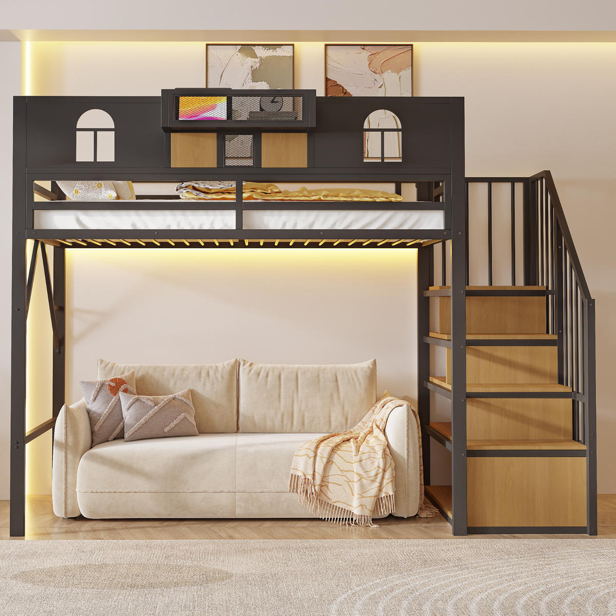 HOCHBETT aus Metall und MDF 90x200 cm Schwarz mit Lichtleiste, Stauraumleiter und Ablagefach - Schwarz, Metall (90/200cm) - Modfu