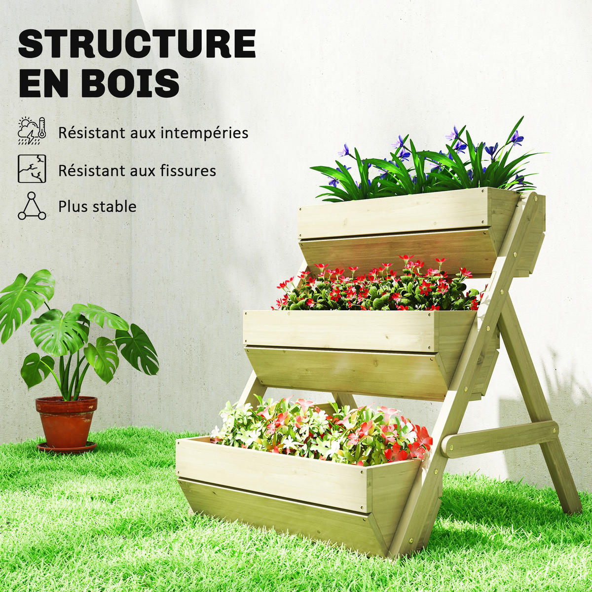 HOCHBEET 3-Stufig DE-12243 65/75/76 cm mit Drainage Grün - Grün, Holz (75/76/65cm) - ComfortXL