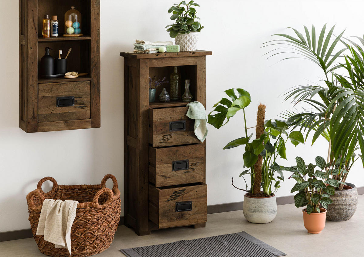 KOMMODE Mango 50x30x120 braun lackiert RAILWAY #481 - Braun, Holz (50/120/30cm) - Massivmoebel24