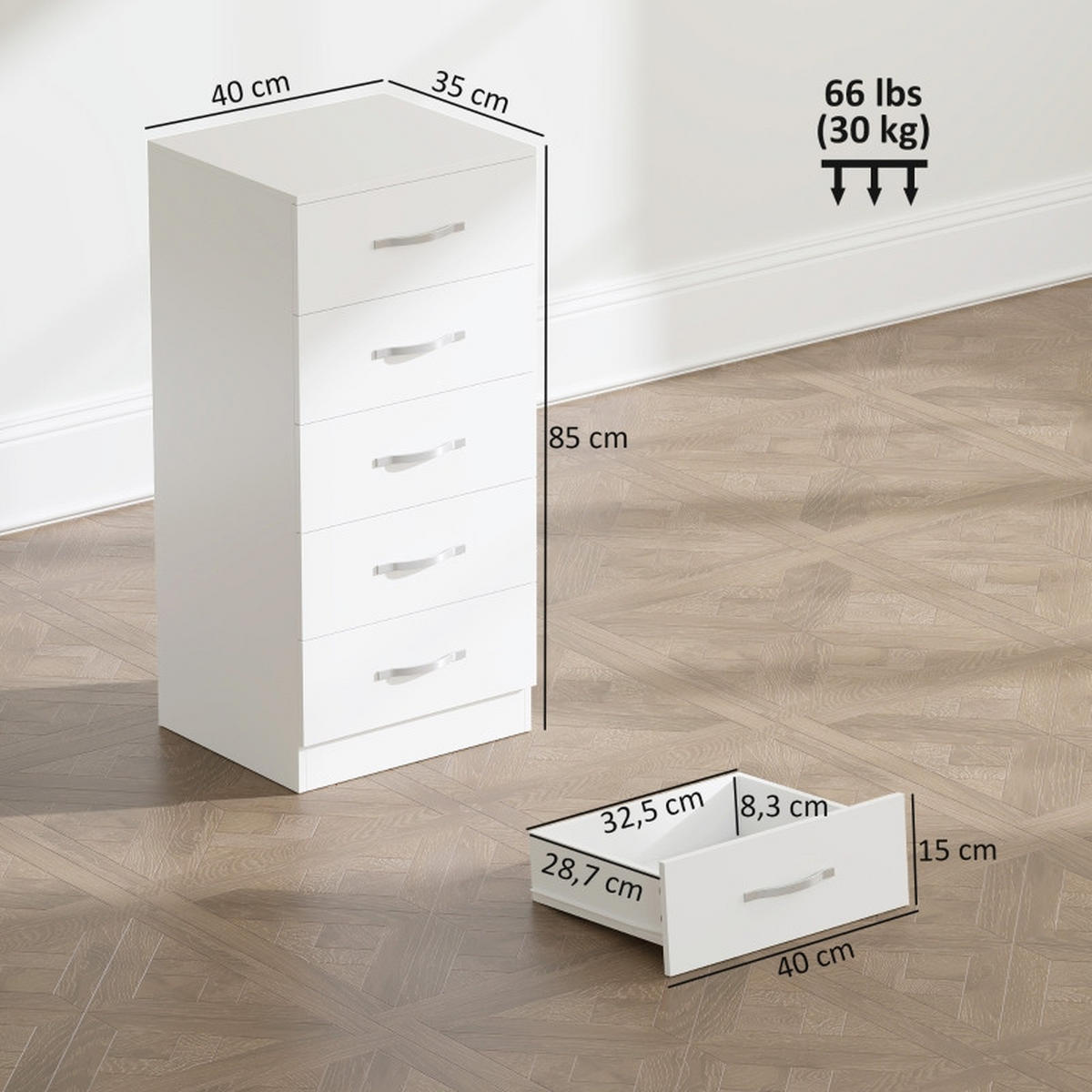 KOMMODE Weiß 40x85x35 cm schmal mit 5 Schubladen - Weiß, Holz (35/85/40cm) - Kaket
