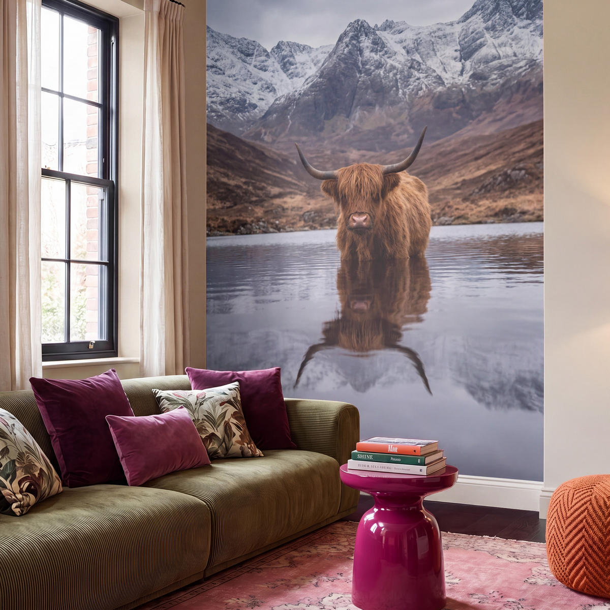 TAPETE - Schottischer Hochländer - Braun - Wasser - 200x280 cm - Braun, Papier (200/280cm) - OnlyWow