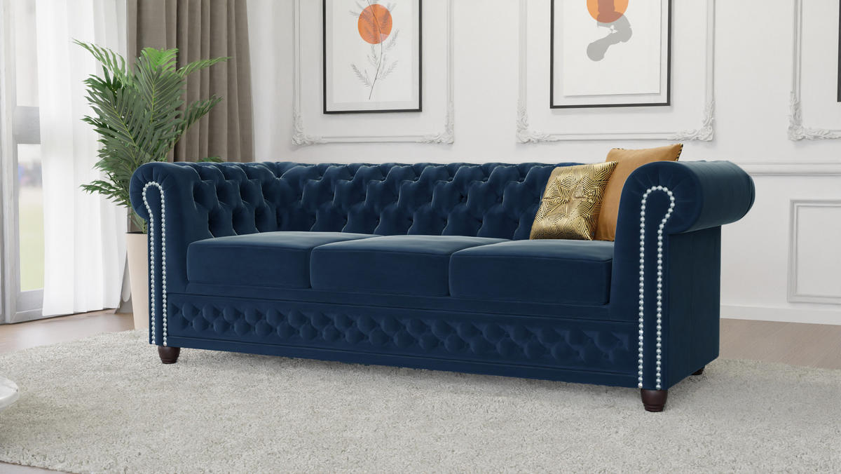 SITZGARNITUR 3+2+1 Chesterfield Nyx Marineblau Samt - Dunkelblau/Braun, Holz/Textil (203/72/86cm) - S-Style Möbel