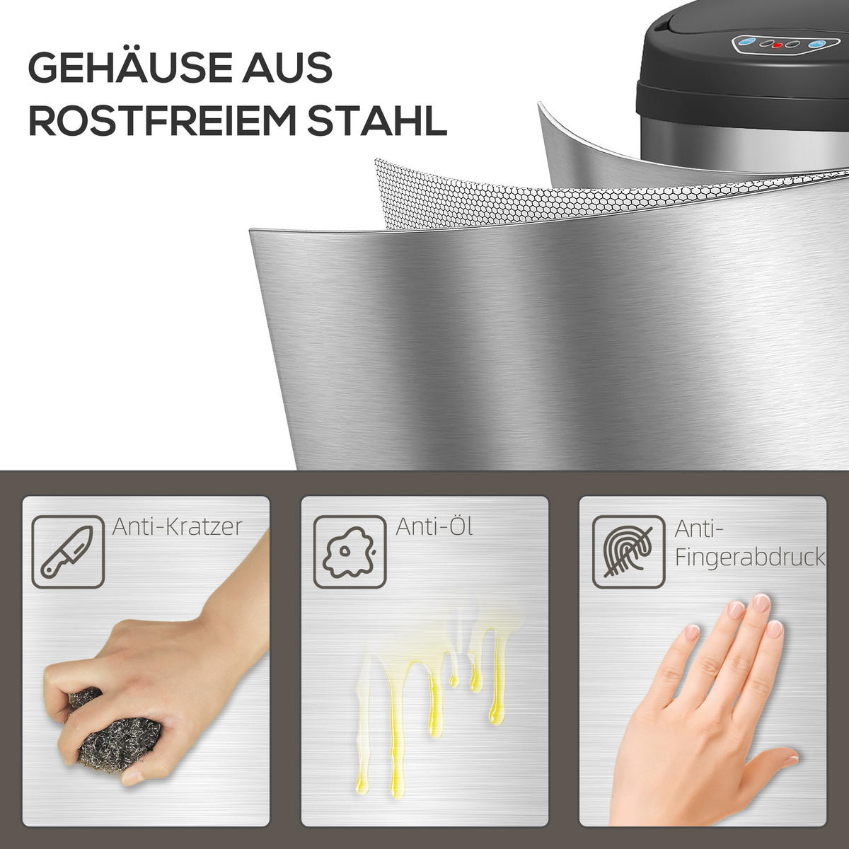 MÜLLEIMER Silberfarben 30.5/30.5/85.0 cm - Silberfarben, Metall (30.5/85/30.5cm) - HOMCOM