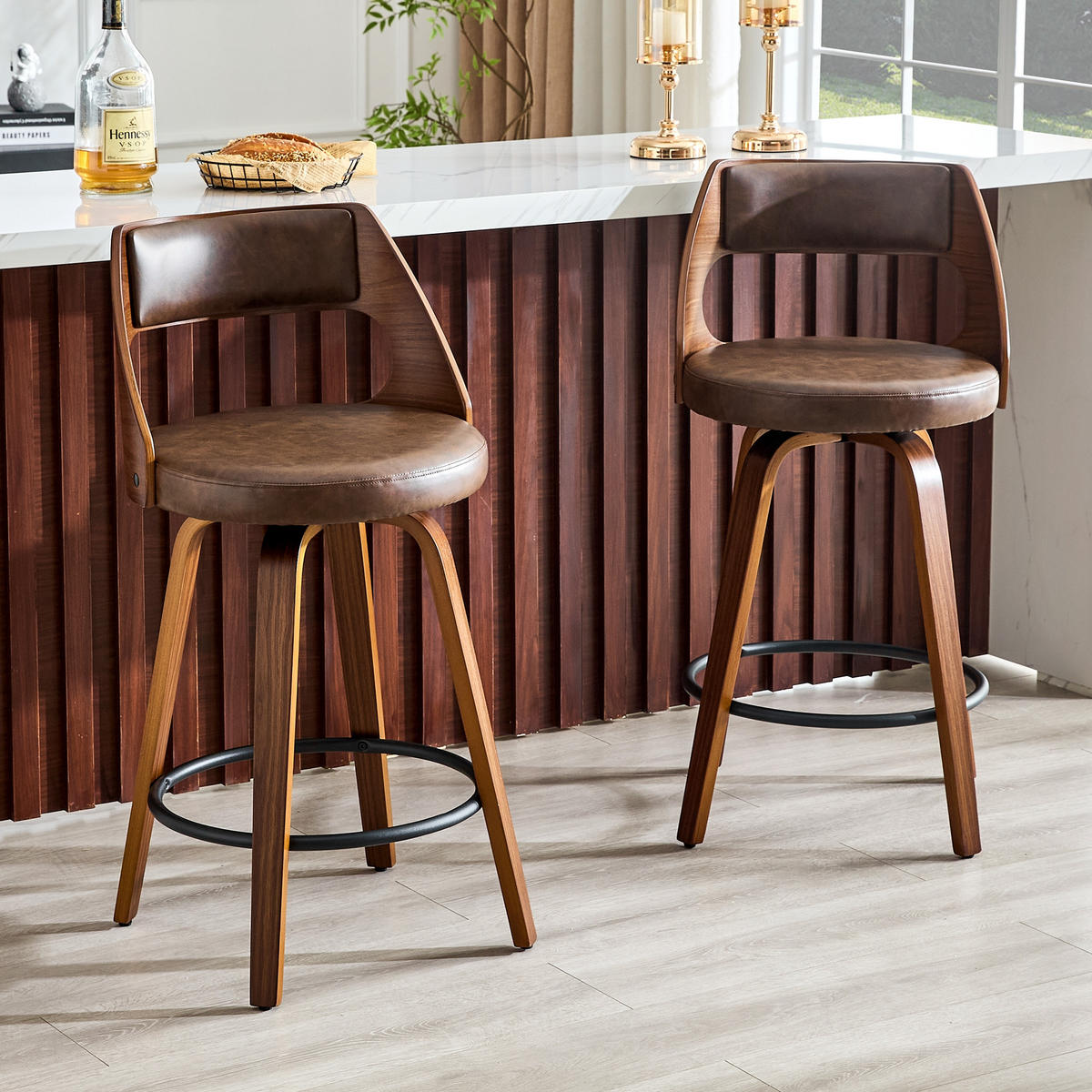 BARHOCKER Braun 2er-Set mit Holzgestell PU-Leder und Rückenlehne - Braun, Holz (47/92/47cm) - PANGIVO