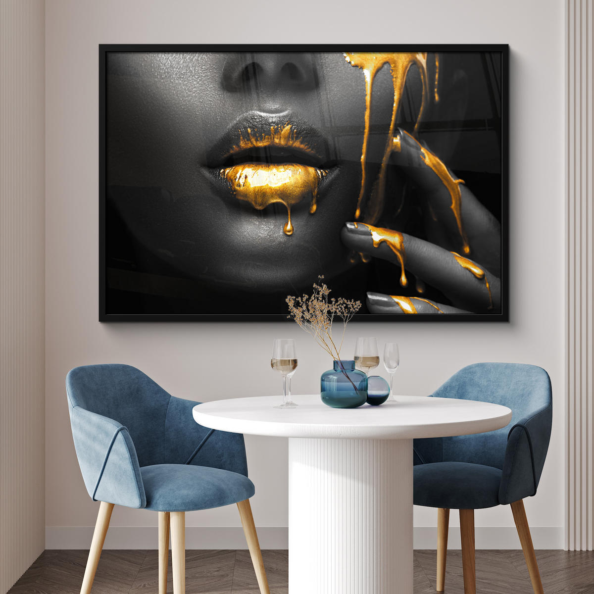 ZARÁMOVANÝ PLAGÁT Žena - čierna - zlatá - tvár - pery 120x80 cm - zlatá, papier (120/80cm) - MuchoWow