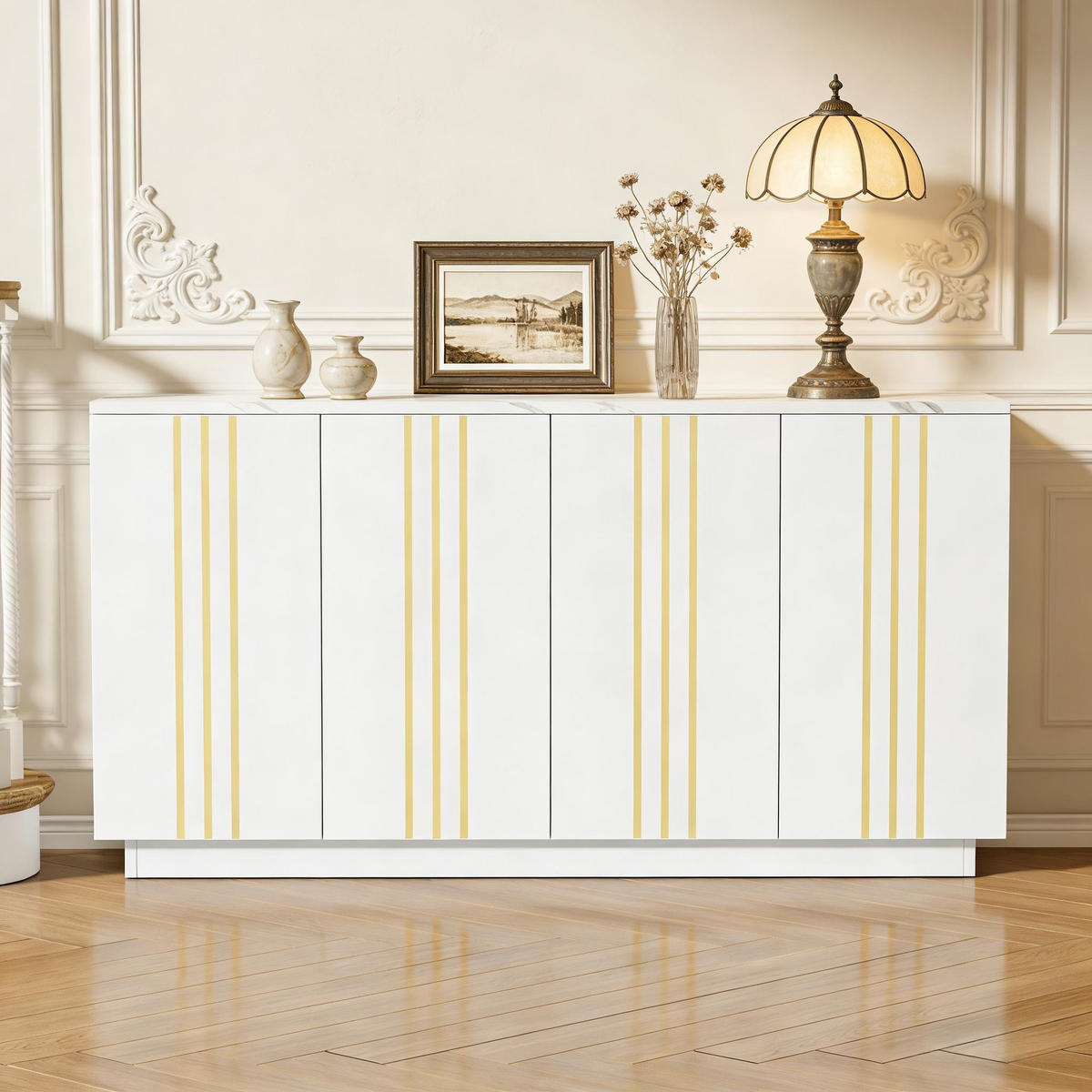 SIDEBOARD Weiß Gold 4 Türen 140cm verstellbare Fächer Modern - Weiß, Holzwerkstoff (35/70/140cm) - FLIEKS