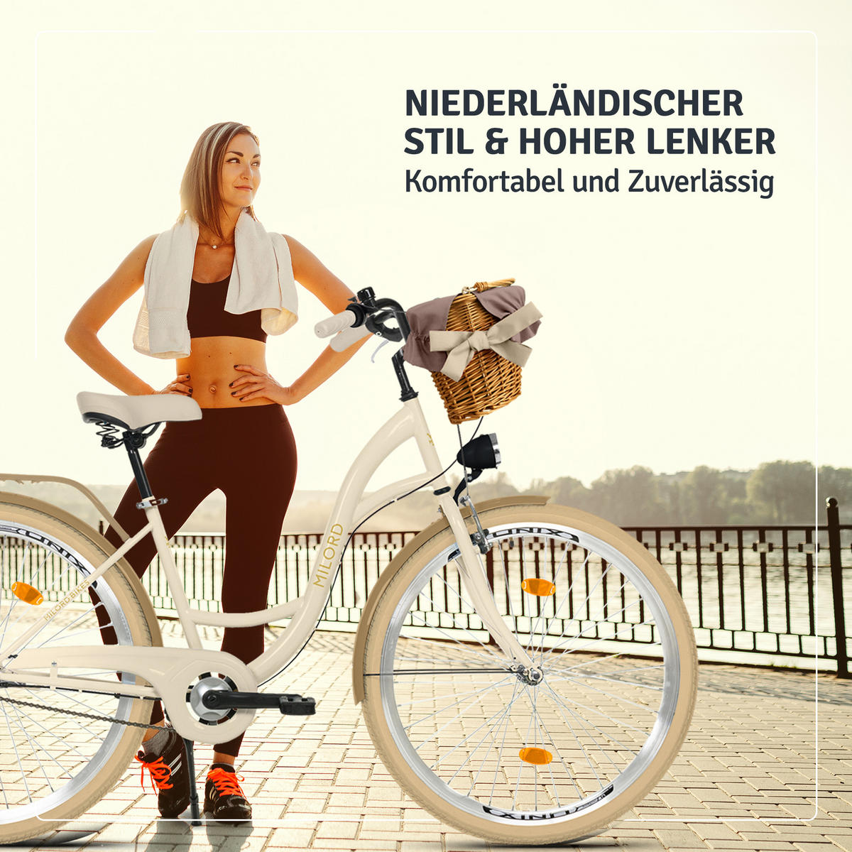 CITY-FAHRRAD Milord mit Weidenkorb, 28 Zoll, Creme-Braun, 3-Gang - Creme/Braun, Metall (46cm) - Milordbikes