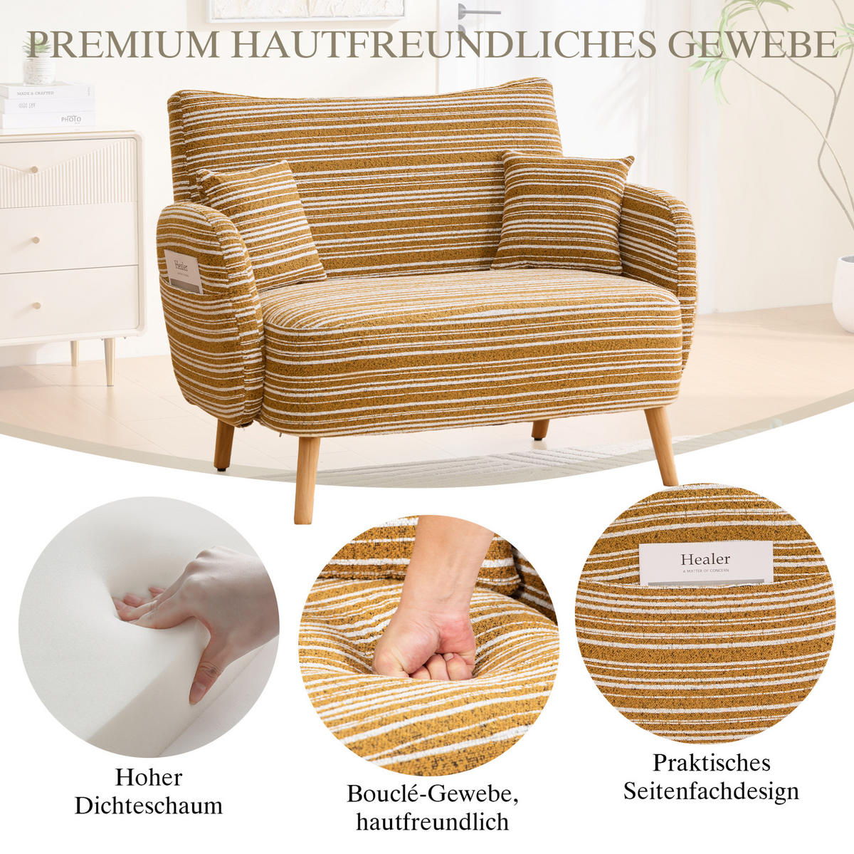 2-SITZER-SOFA aus Bouclé 121x81,5x87 cm in Senfgelb mit Seitentaschen - Gelb, Textil (81.5/87/121cm) - Modfu