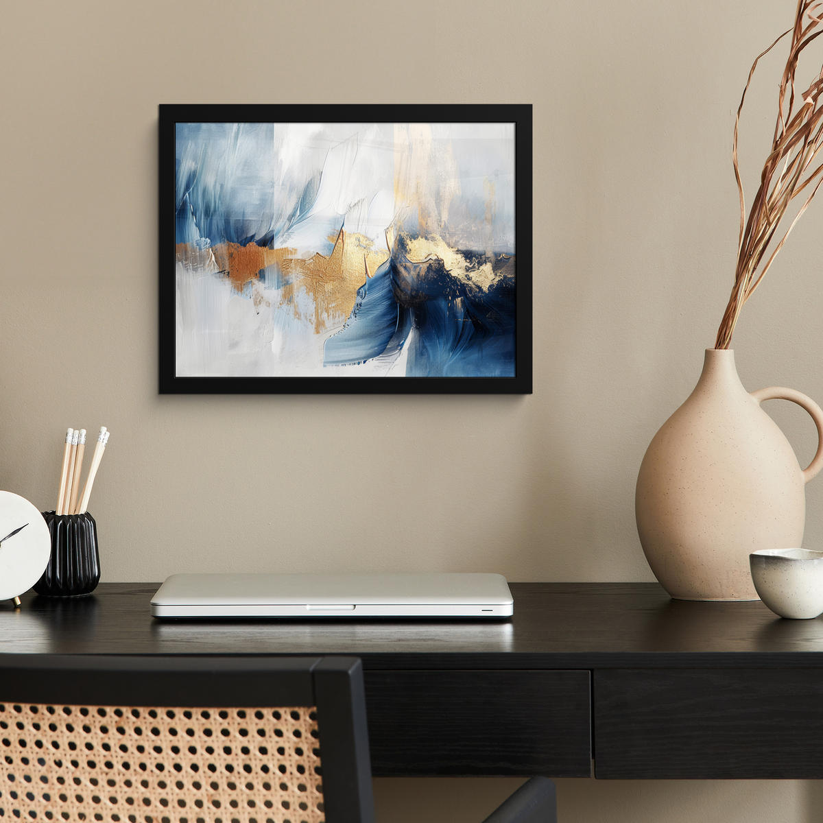 POSTER MIT RAHMEN Gold - Blau - Aquarell - Kunst - Modern 40x30 cm - Hellblau, Papier (40/30cm) - MuchoWow