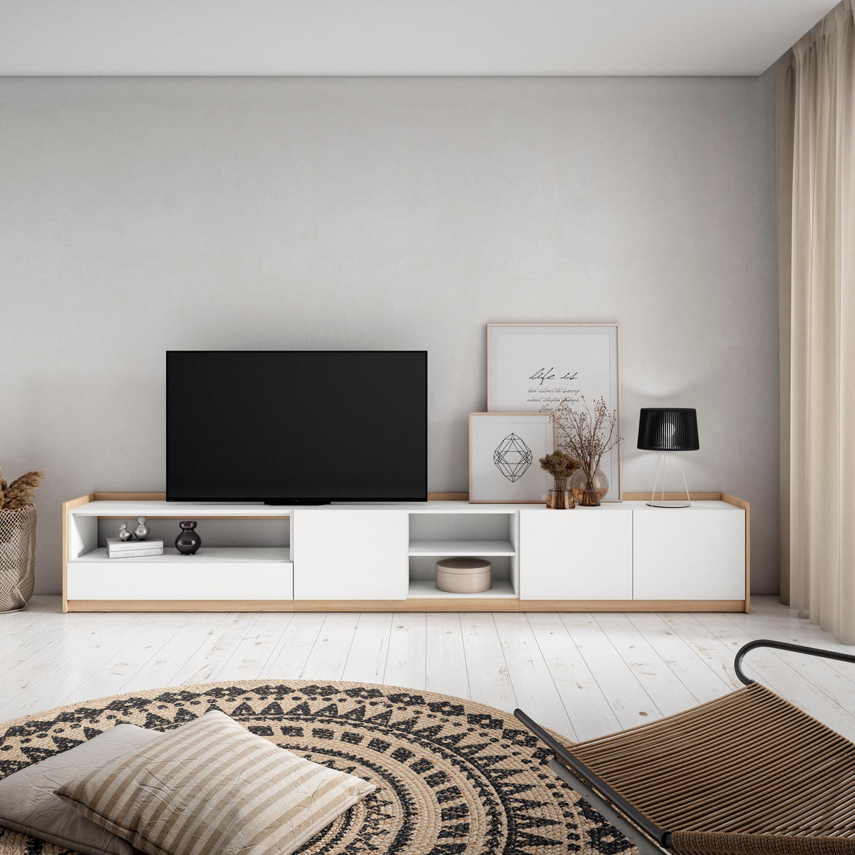 TV-SCHRANK, Lowboard, Weiß und Eiche Soft, 310/37/50cm - Weiß, Holzwerkstoff (310/50/37cm) - Skraut Home