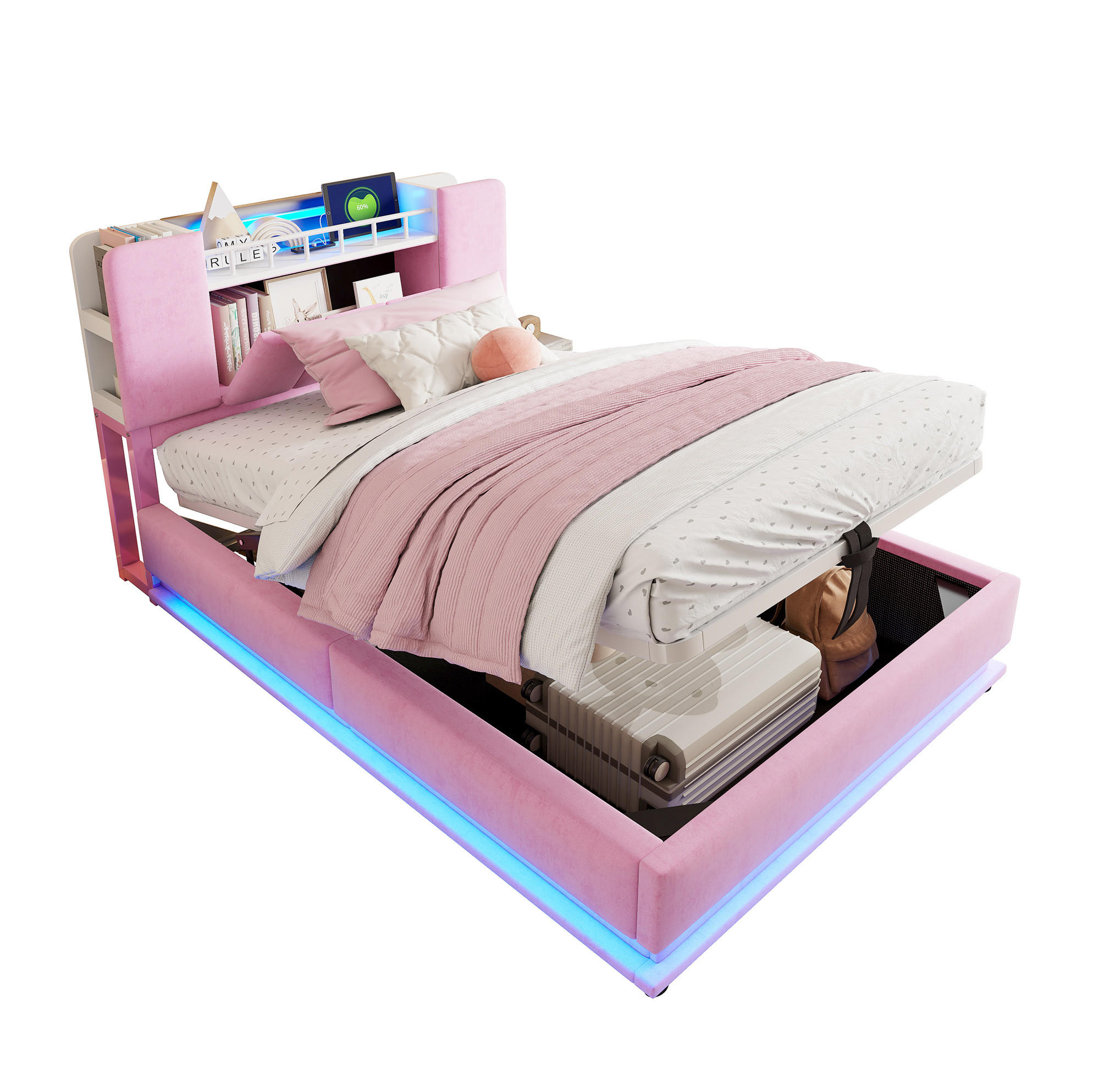 POLSTERBETT mit LED-Beleuchtung 90/200 cm mit Bettkasten und gepolstertem Kopfteil - Rosa, Textil (90/200cm) - BEAOK