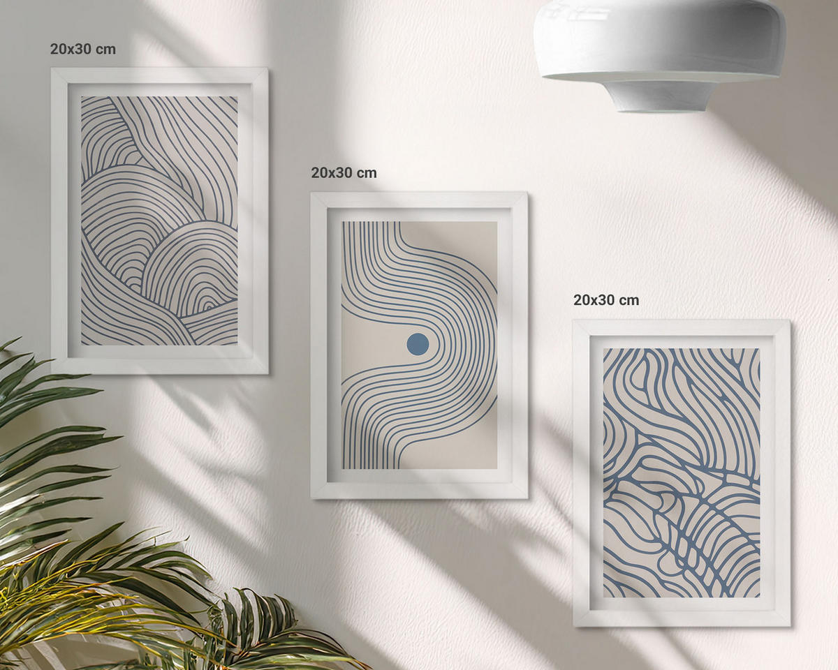 WANDBILDER 3er-Set - 20x30 cm Weißer Rahmen - Abstrakte Linien, Wellenformen - Weiß, Kunststoff (20/30cm) - ArtPrintCave
