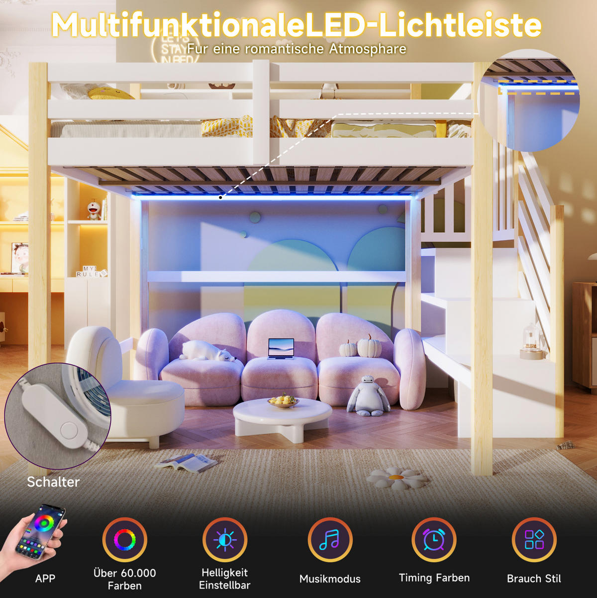 HOCHBETT 140/200 cm in Weiß/Natur mit LED-Beleuchtung und Stauraumtreppe - Weiß, Holz (140/200cm) - Flora Grace