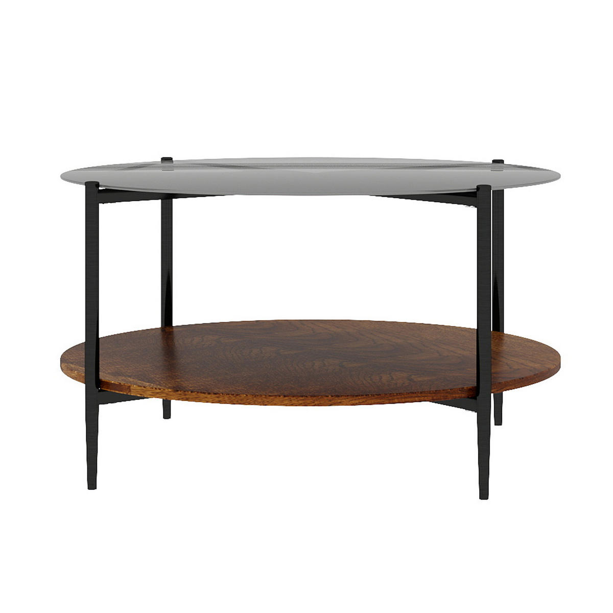 COUCHTISCH aus Glas, Holz und Eisen Ø82x45 cm Schwarz mit 2 Ablageflächen - Schwarz, Glas (82/82/45cm) - IVMEU