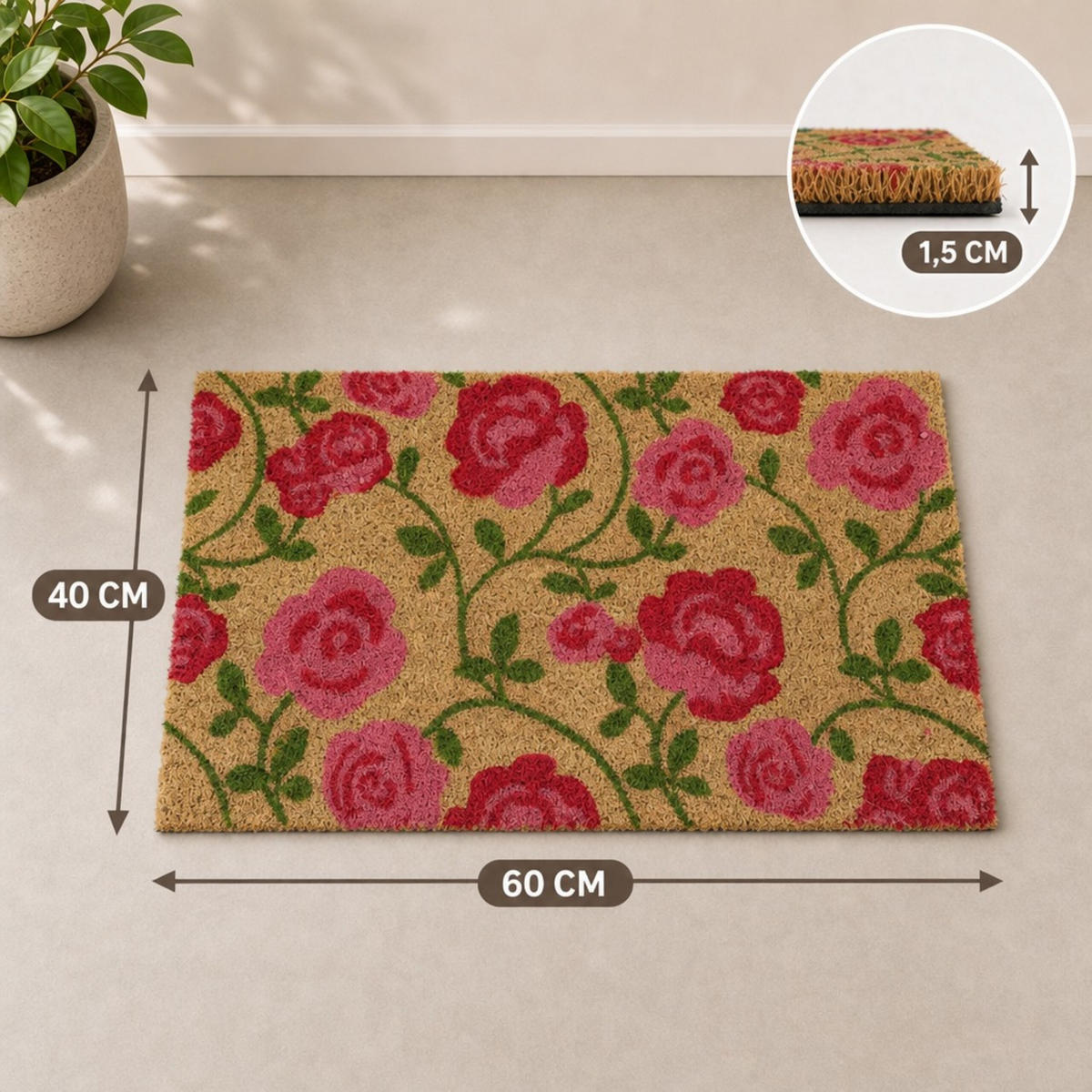 FUSSMATTE Natur Kokos Rosenmotiv rutschfest 60x40 cm - Multicolor, Kunststoff/Textil (60/40cm) - Relaxdays